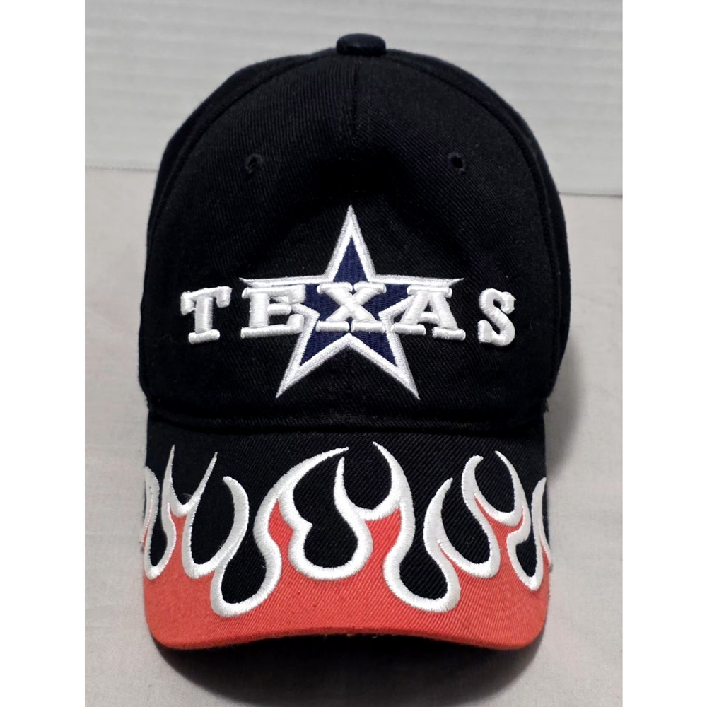 Vintage Y2K Texas Lone Star Flame Hat Big Bang Black Red Fire Embroidered Cap
